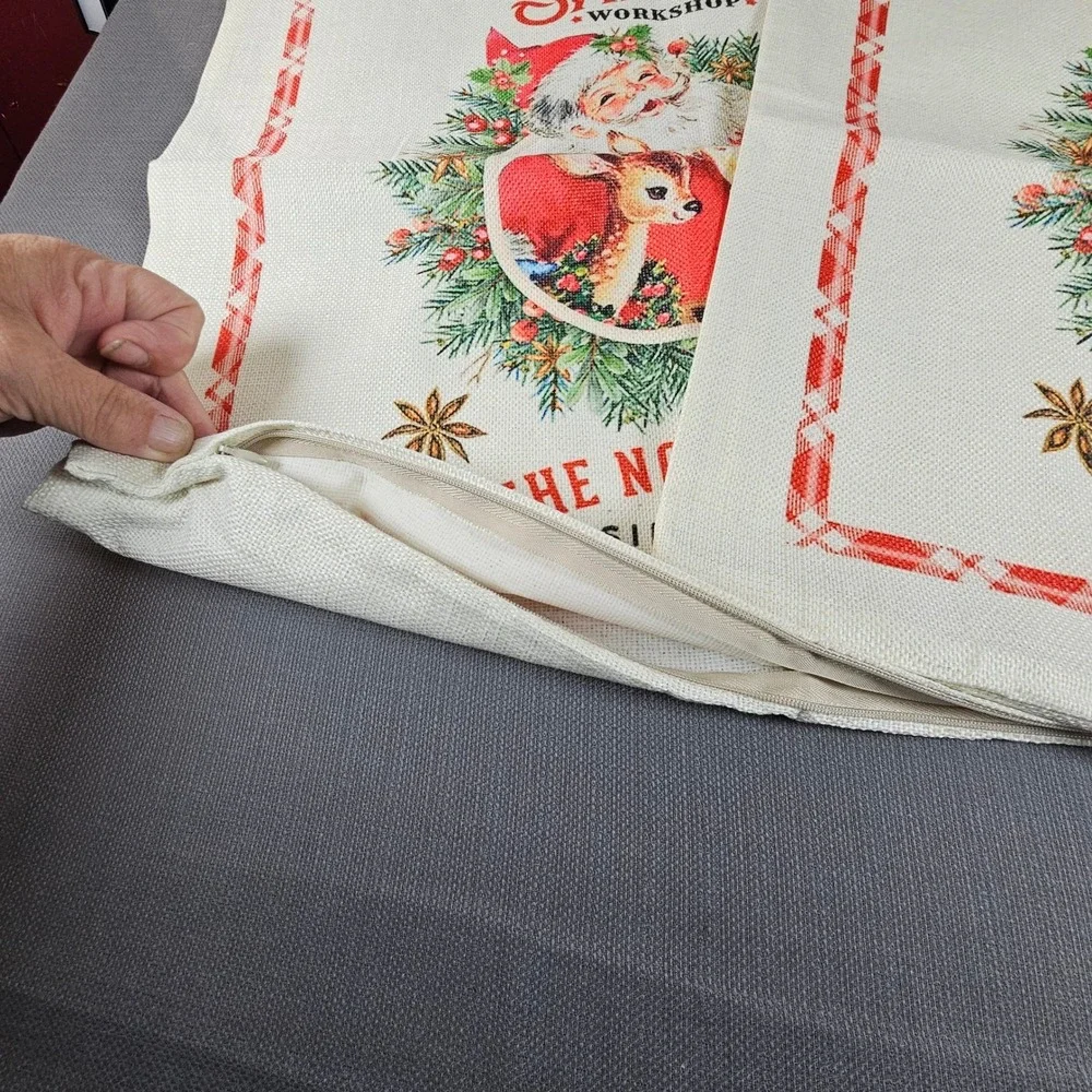 Santa's Workshop burlap Pillow Covers (2) The North Pole Christmas Holiday Decor